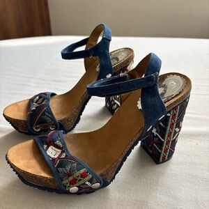 Desigual Embroidered Block Heel Sandals Navy 40 / 9.5